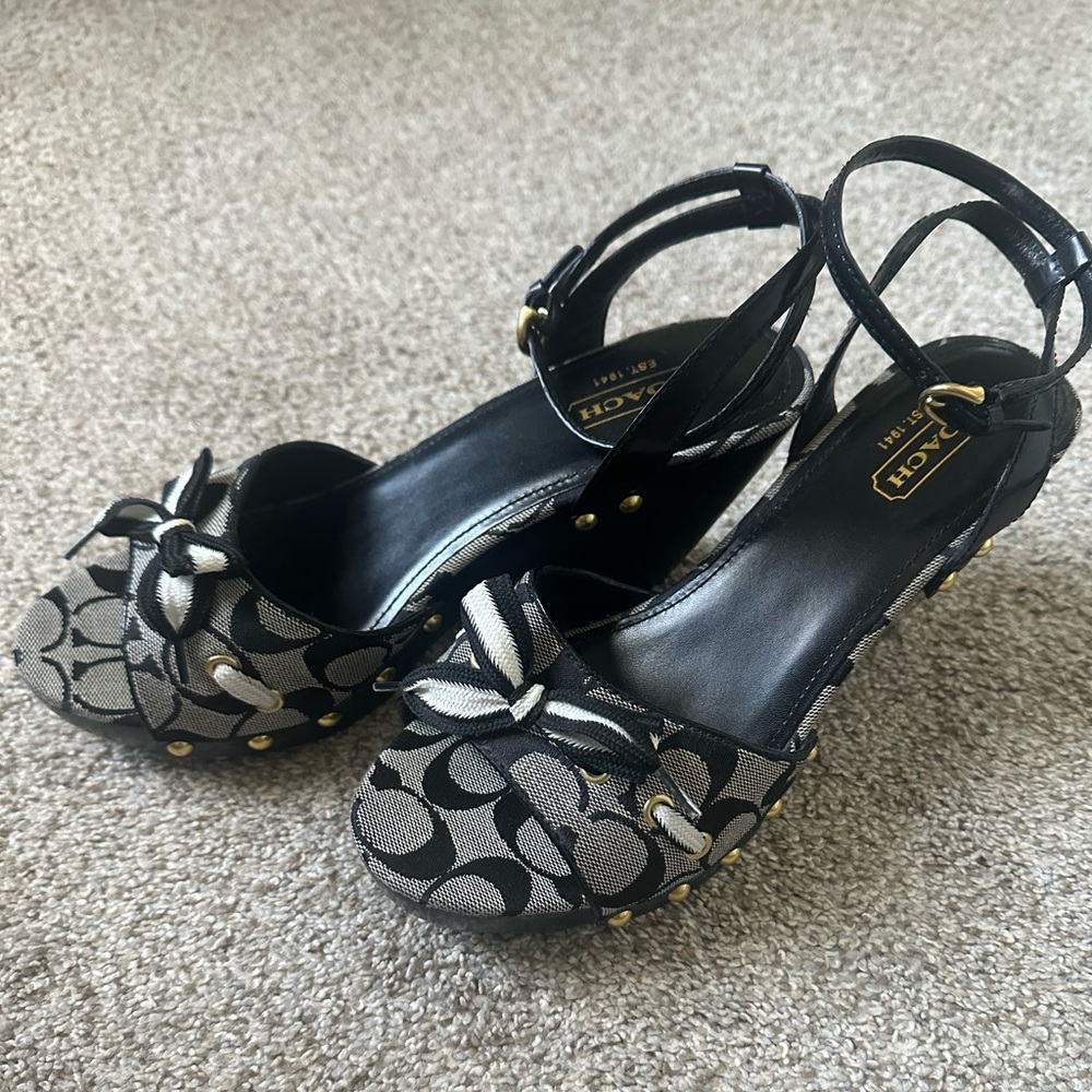 Coach Black Logo Wood Wedge Sandals Women’s 10